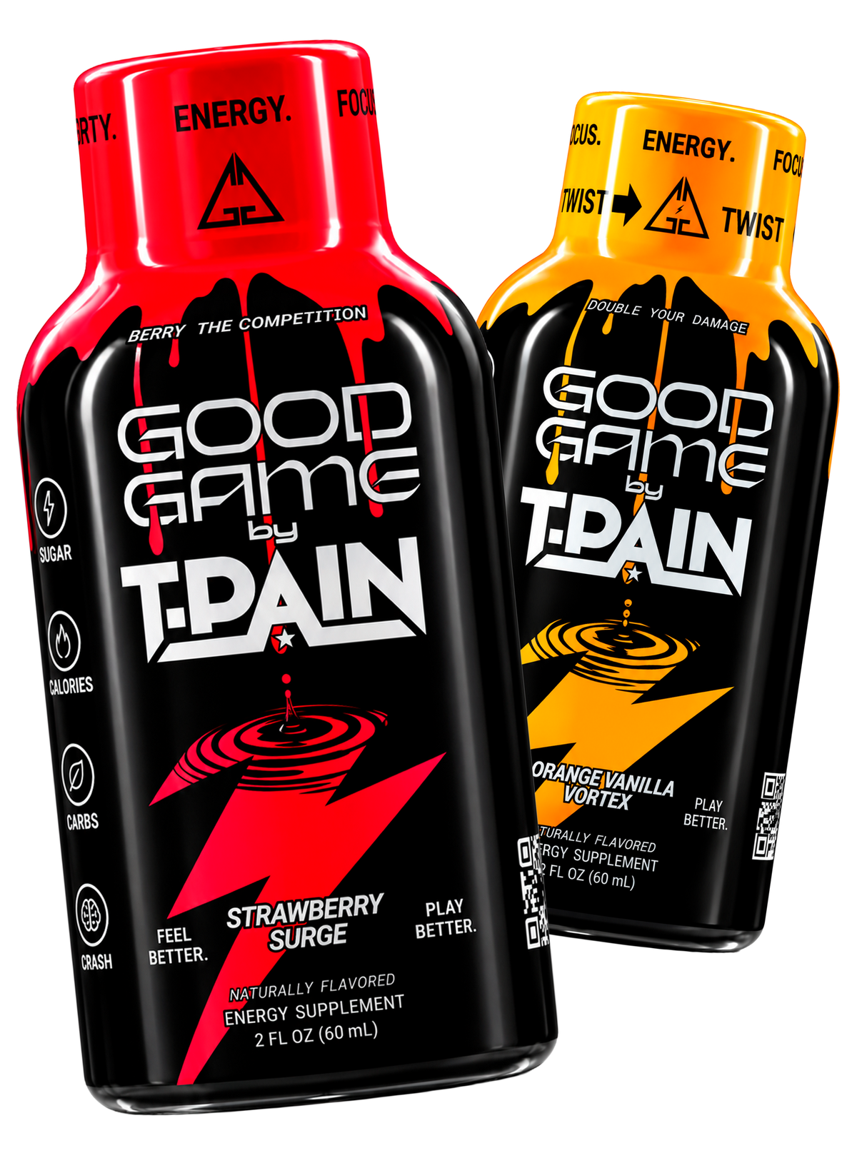 Good Game by T-Pain 2 oz energy shots, Orange Vanilla Vortex and Strawberry Surge