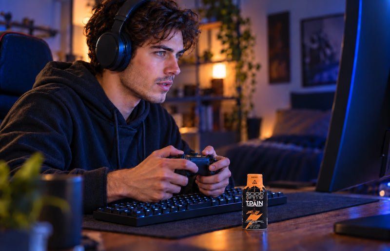 Good Game energy shot beside a keyboard and controller during a gaming session