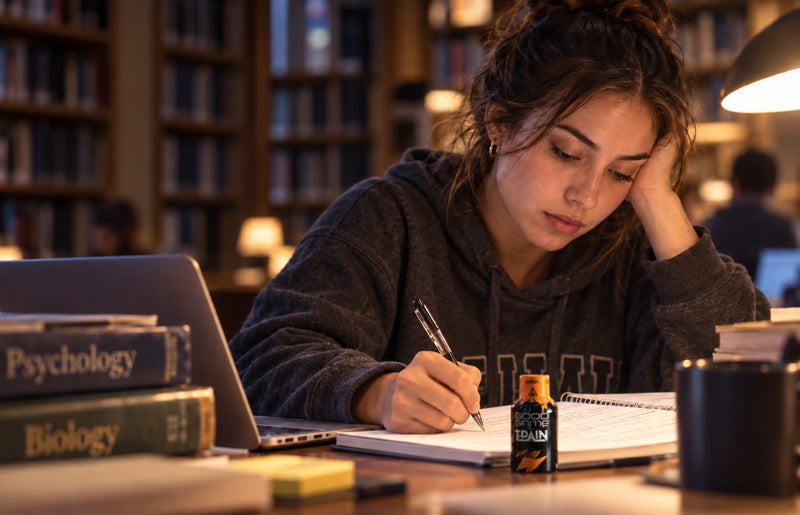 Good Game energy shot on a desk next to a laptop while studying