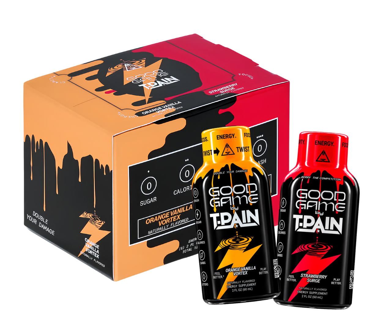 Good Game by T-Pain Dual Flavor 6-Pack case with an Orange Vanilla Vortex and a Strawberry Surge energy shot