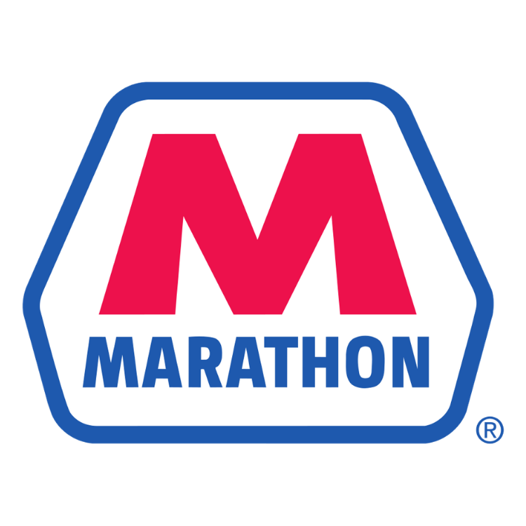 Marathon logo. Good Game energy shots are sold at Marathon.